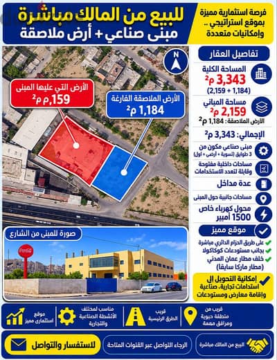 أرض + مبنى صناعي للبيع قرب مطار ماركا – واجهة على الحزام الدائري